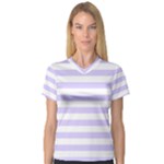 Horizontal Stripes - White and Pale Lavender Violet Women s V-Neck Sport Mesh Tee