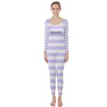 Horizontal Stripes - White and Pale Lavender Violet Long Sleeve Catsuit