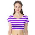 Horizontal Stripes - White and Violet Short Sleeve Crop Top (Tight Fit)