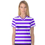 Horizontal Stripes - White and Indigo Violet Women s V-Neck Sport Mesh Tee