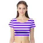 Horizontal Stripes - White and Indigo Violet Short Sleeve Crop Top (Tight Fit)