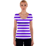 Horizontal Stripes - White and Indigo Violet Women s V-Neck Cap Sleeve Top