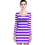 Horizontal Stripes - White and Indigo Violet Long Sleeve Velvet Bodycon Dress