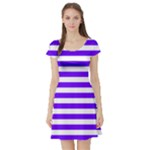 Horizontal Stripes - White and Indigo Violet Short Sleeve Skater Dress