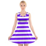 Horizontal Stripes - White and Indigo Violet V-Neck Sleeveless Dress