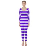 Horizontal Stripes - White and Indigo Violet Long Sleeve Catsuit