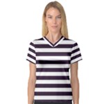 Horizontal Stripes - White and Dark Purple Women s V-Neck Sport Mesh Tee