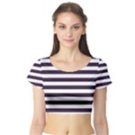 Horizontal Stripes - White and Dark Purple Short Sleeve Crop Top (Tight Fit)