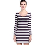 Horizontal Stripes - White and Dark Purple Long Sleeve Velvet Bodycon Dress