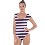 Horizontal Stripes - White and Dark Purple Short Sleeve Leotard (Ladies)