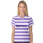 Horizontal Stripes - White and Dark Pastel Purple Women s V-Neck Sport Mesh Tee