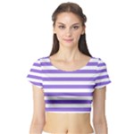 Horizontal Stripes - White and Dark Pastel Purple Short Sleeve Crop Top (Tight Fit)