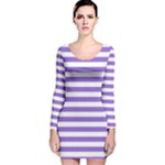 Horizontal Stripes - White and Dark Pastel Purple Long Sleeve Velvet Bodycon Dress