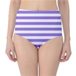 Horizontal Stripes - White and Dark Pastel Purple High-Waist Bikini Bottoms