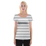 Horizontal Stripes - White and Silver Gray Women s Cap Sleeve Top