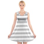 Horizontal Stripes - White and Silver Gray V-Neck Sleeveless Dress