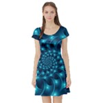 Glossy Light Blue Spiral Fractal Short Sleeve Skater Dress