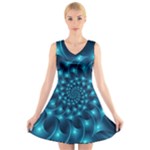 Glossy Light Blue Spiral Fractal V-Neck Sleeveless Dress