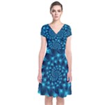 Glossy Light Blue Spiral Fractal Short Sleeve Front Wrap Dress