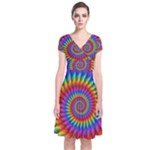 Psychedelic Rainbow Spiral Short Sleeve Front Wrap Dress