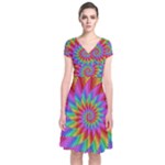 Psychedelic Rainbow Spiral Short Sleeve Front Wrap Dress