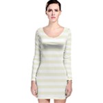 Horizontal Stripes - White and Beige Long Sleeve Velvet Bodycon Dress