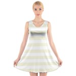 Horizontal Stripes - White and Beige V-Neck Sleeveless Dress