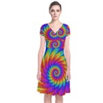 Psychedelic Rainbow Spiral Short Sleeve Front Wrap Dress