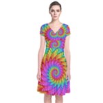 Psychedelic Rainbow Spiral Short Sleeve Front Wrap Dress