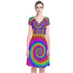 Psychedelic Rainbow Spiral Short Sleeve Front Wrap Dress