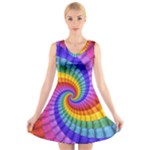 Psychedelic Rainbow Spiral V-Neck Sleeveless Dress