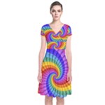 Psychedelic Rainbow Spiral Short Sleeve Front Wrap Dress