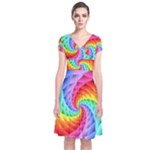 Psychedelic Rainbow Spiral Short Sleeve Front Wrap Dress