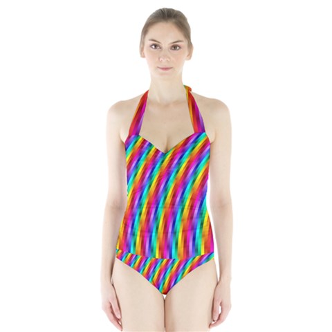 Psychedelic Rainbow Glitter Stripes  Women s Halter One Piece Swimsuit from ArtsNow.com