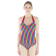 Psychedelic Rainbow Glitter Stripes  Women s Halter One Piece Swimsuit from ArtsNow.com