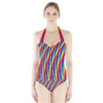 Psychedelic Rainbow Glitter Stripes  Women s Halter One Piece Swimsuit