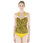 Yellow Zebra Stripes Animal Print Fur  Women s Halter One Piece Swimsuit