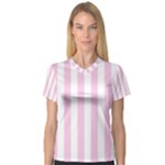 Vertical Stripes - White and Classic Rose Pink Women s V-Neck Sport Mesh Tee