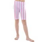 Vertical Stripes - White and Cotton Candy Pink Kid s Mid Length Swim Shorts