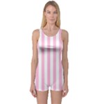 Vertical Stripes - White and Cotton Candy Pink One Piece Boyleg Swimsuit