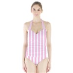 Vertical Stripes - White and Cotton Candy Pink Women s Halter One Piece Swimsuit