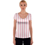 Vertical Stripes - White and Pink Women s V-Neck Cap Sleeve Top