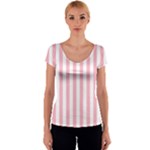 Vertical Stripes - White and Cherry Blossom Pink Women s V-Neck Cap Sleeve Top