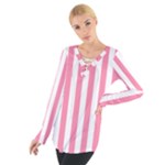 Vertical Stripes - White and Flamingo Pink Women s Tie Up Tee