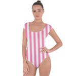 Vertical Stripes - White and Flamingo Pink Short Sleeve Leotard (Ladies)