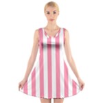 Vertical Stripes - White and Flamingo Pink V-Neck Sleeveless Dress