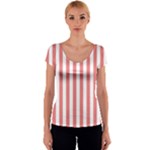 Vertical Stripes - White and Coral Pink Women s V-Neck Cap Sleeve Top