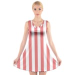 Vertical Stripes - White and Coral Pink V-Neck Sleeveless Dress