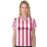 Vertical Stripes - White and Dark Pink Women s V-Neck Sport Mesh Tee