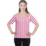 Vertical Stripes - White and Dark Pink Women s Cutout Shoulder Tee